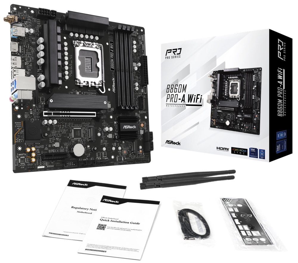 ASRock B860M Pro-A WiFi / Intel B860 / LGA1851 / 4x DDR5 / 3x M.2 / HDMI / DP / USB-C / WiFi / mATX
